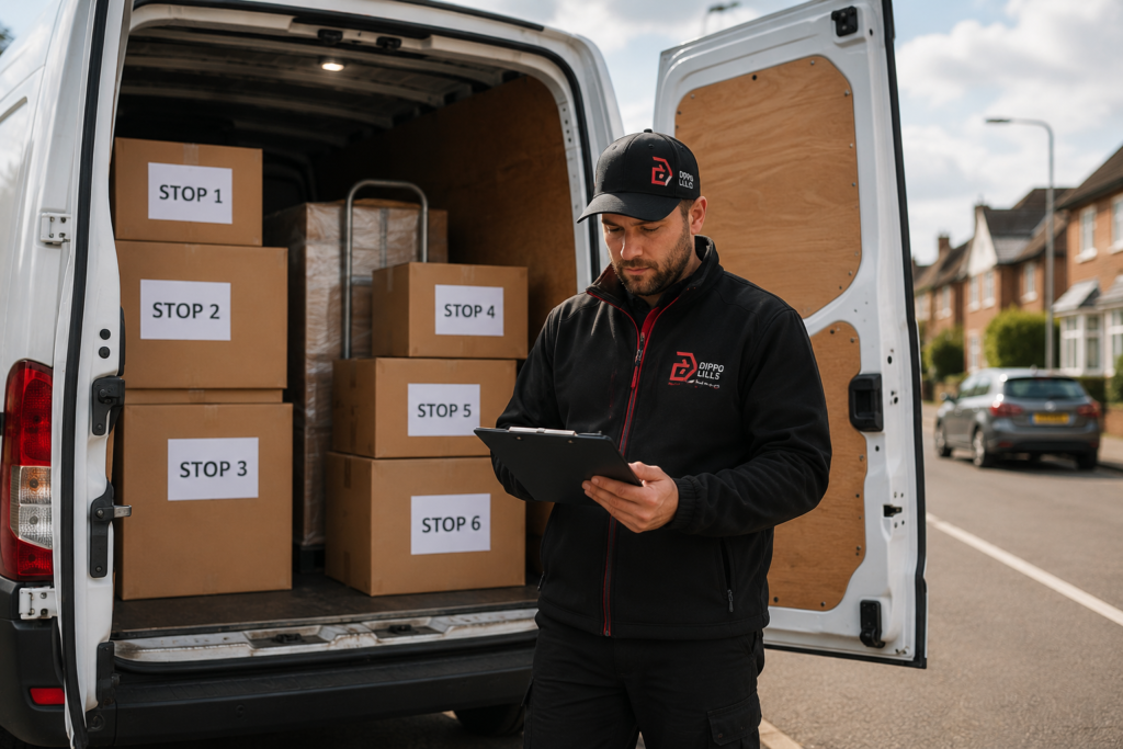 Multi-drop delivery van with parcels for UK business courier route