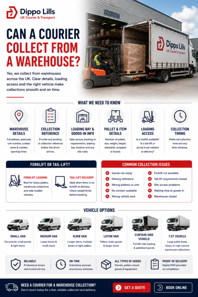 Dippo Lills courier guide showing warehouse collection, pallet loading, forklift access, vehicle choice and business delivery support.