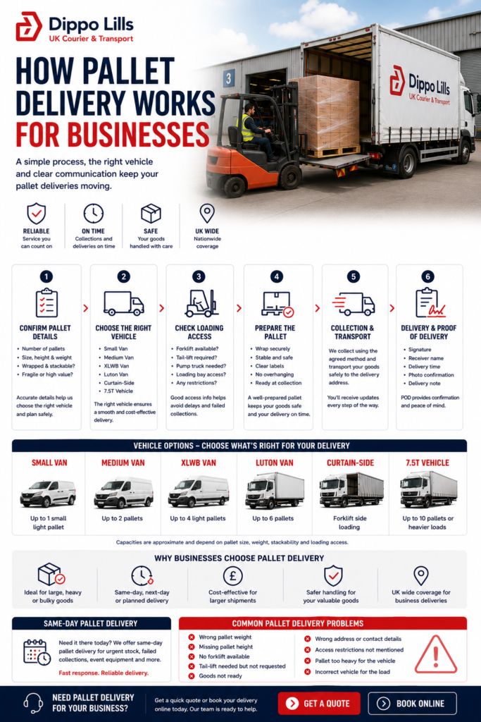 Dippo Lills guide showing how pallet delivery works for businesses, including pallet preparation, warehouse collection, vehicle choice and proof of delivery.