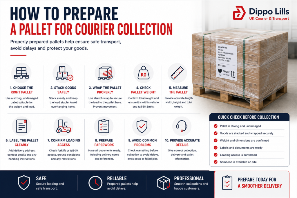 Dippo Lills pallet preparation guide showing wrapped pallets, labels, weight checks, loading access and courier collection requirements.