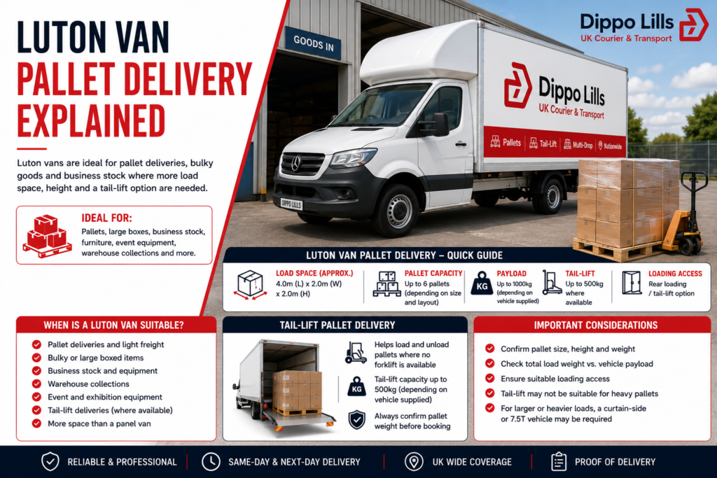 Dippo Lills Luton van pallet delivery guide showing pallet capacity, tail-lift option, loading access and business delivery support.