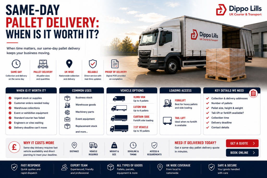 Dippo Lills same-day pallet delivery guide showing urgent pallet transport, business stock, warehouse collections and proof of delivery.
