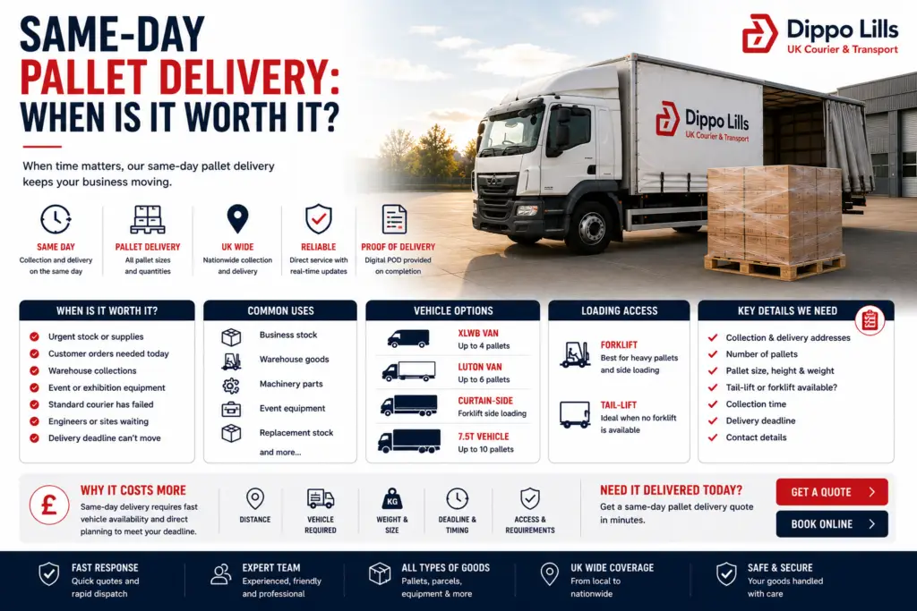 Dippo Lills same-day pallet delivery guide showing urgent pallet transport, business stock, warehouse collections and proof of delivery.