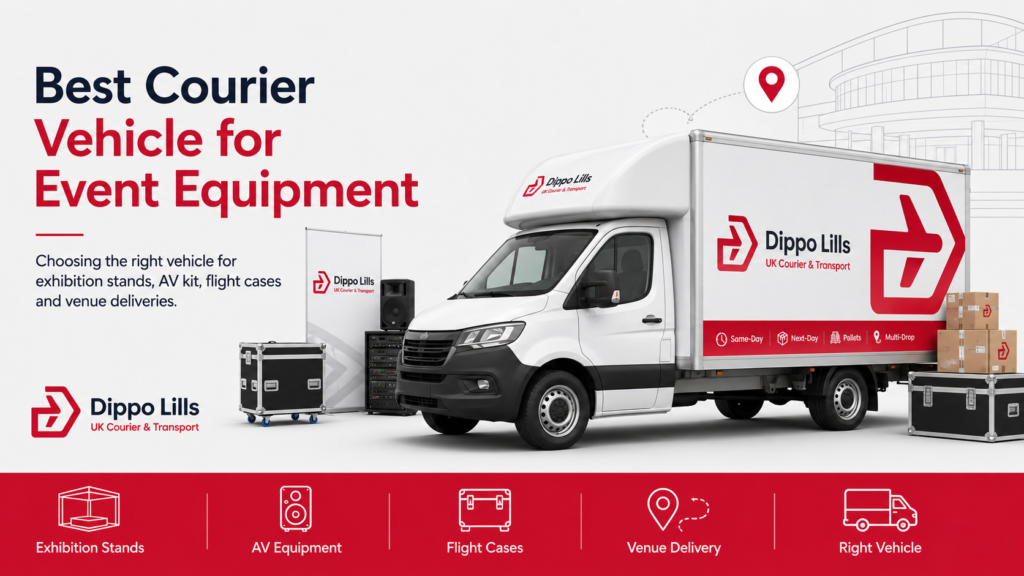 Dippo Lills guide showing courier vehicle options for event equipment, exhibition stands, AV kit, flight cases and venue deliveries.