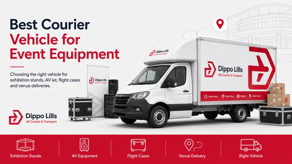 Dippo Lills guide showing courier vehicle options for event equipment, exhibition stands, AV kit, flight cases and venue deliveries.