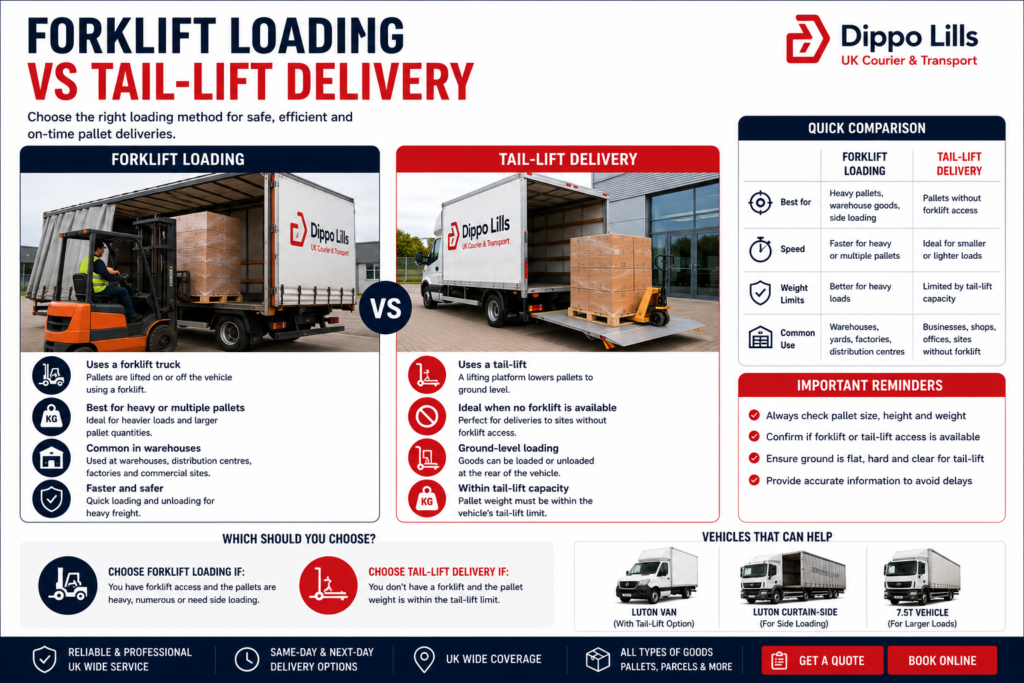 Dippo Lills guide comparing forklift loading and tail-lift delivery for pallets, warehouse collections and business courier transport.